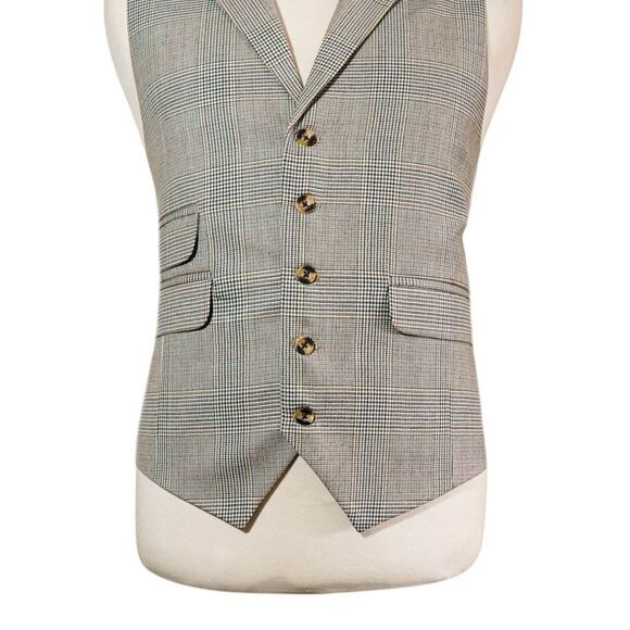 Mens 46R Wool Glen Plaid Vest Beige Green Waistcoat Formal Wedding Party Classic - Picture 4 of 8